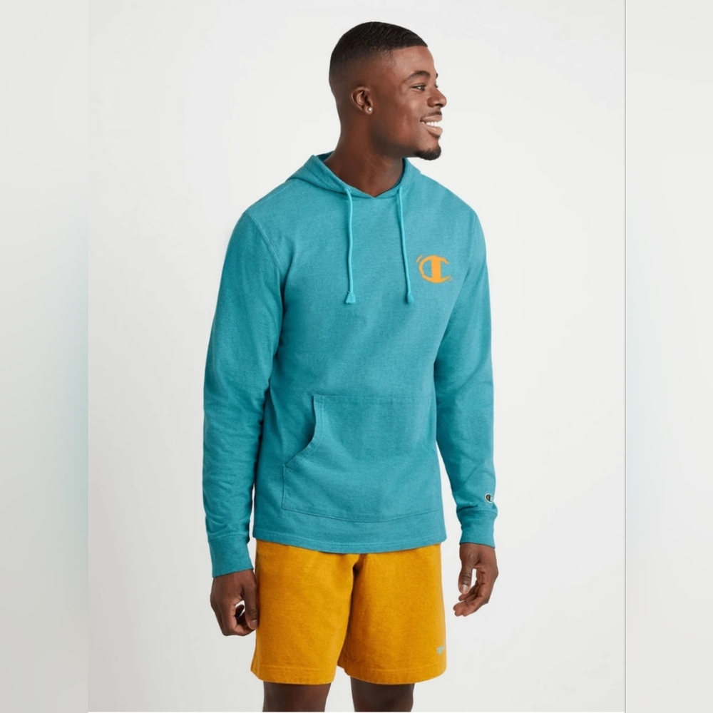 Champion Middleweight Overdye Hoodie Mens L Cyan Blue Logo NEW